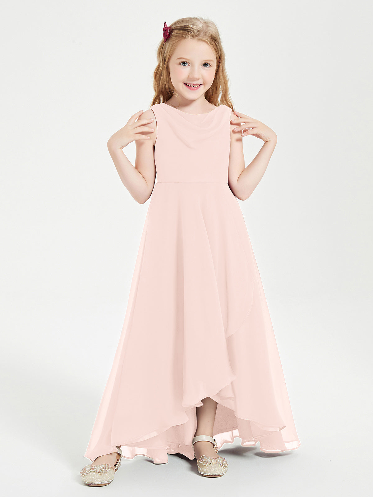 Modern Asymmetrical Cowl Neck Junior Bridesmaid Dresses Pearl Pink